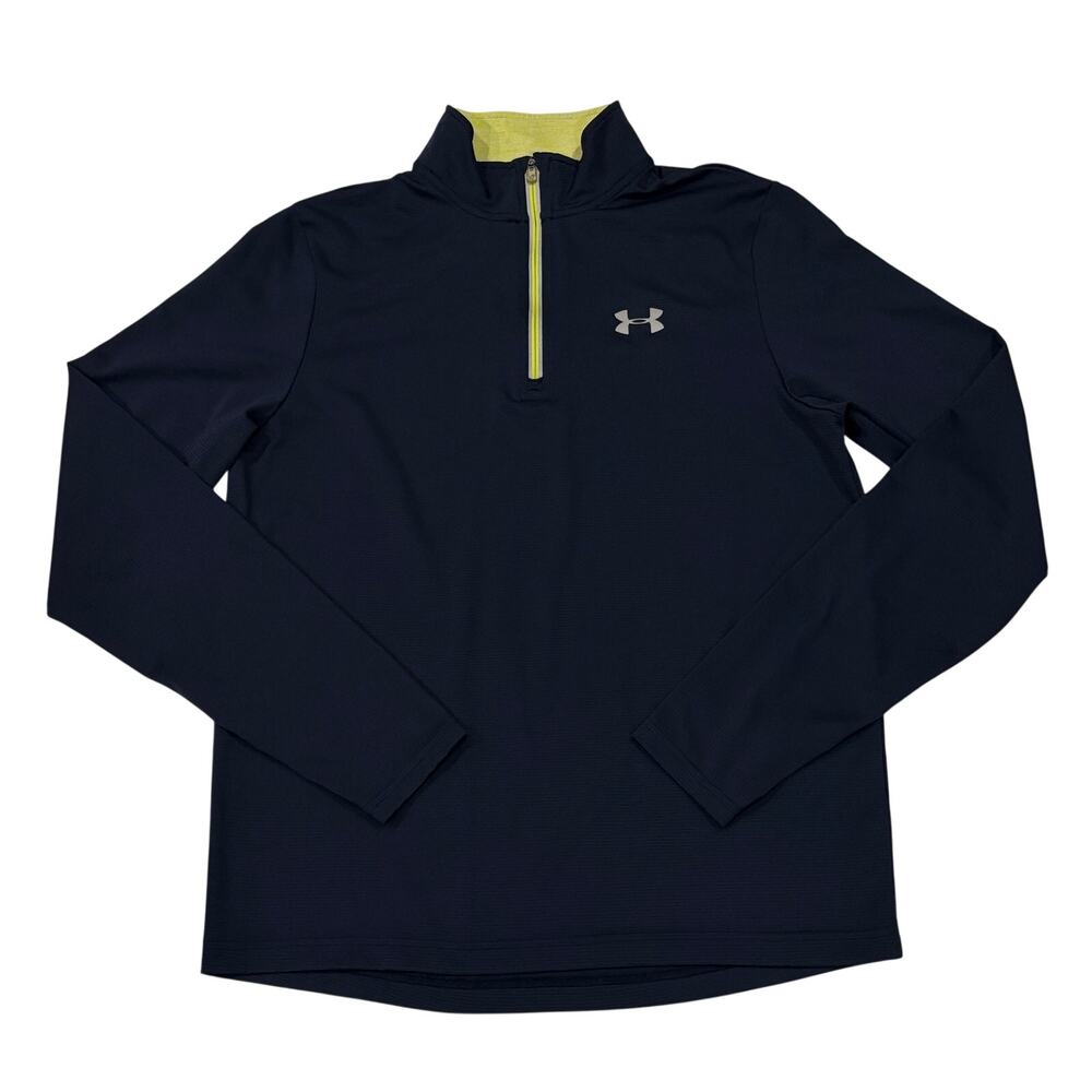 Under Armour Running Shirt Mens Medium Blue Fitted Pullover 1/4 Zip Reflective